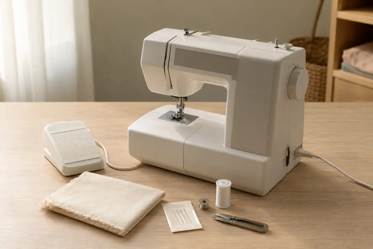 Sewing machine setup supplies and workspace Sewing machine on a stable table with a foot pedal, thread, bobbin, needles, fabric and thread snips