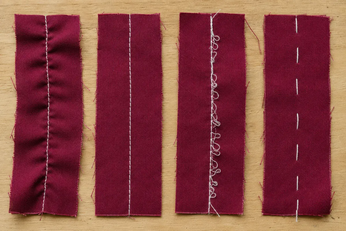 Common sewing machine stitch tension problems Four fabric samples showing puckered, balanced, loose-loop and skipped sewing machine stitches