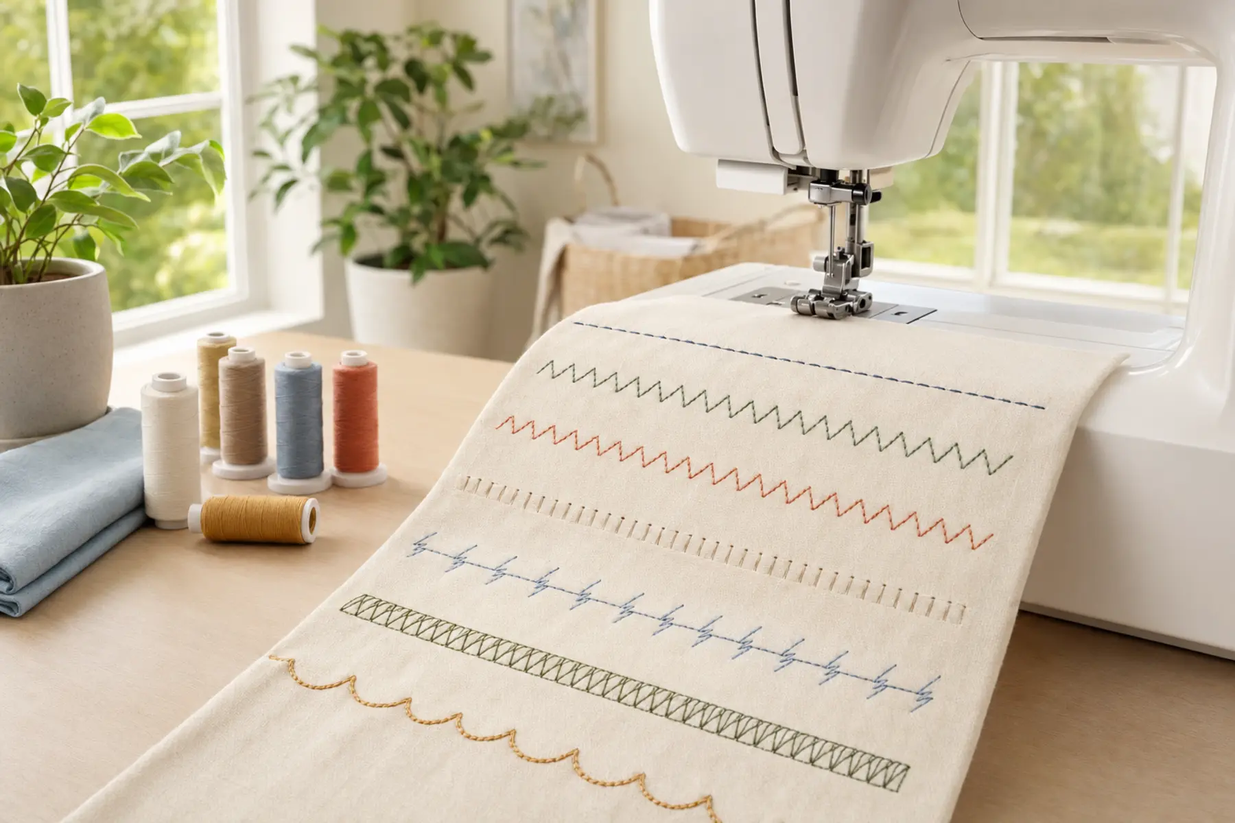 Sewing machine stitch sampler showing straight, zigzag, stretch, overcasting and decorative stitches on cream fabric