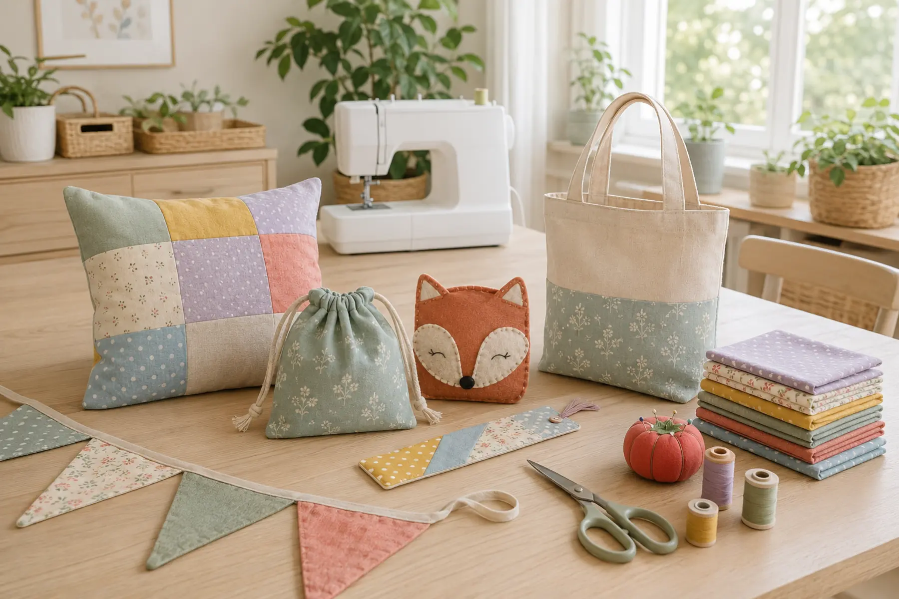 Beginner sewing projects for kids arranged in a bright craft room