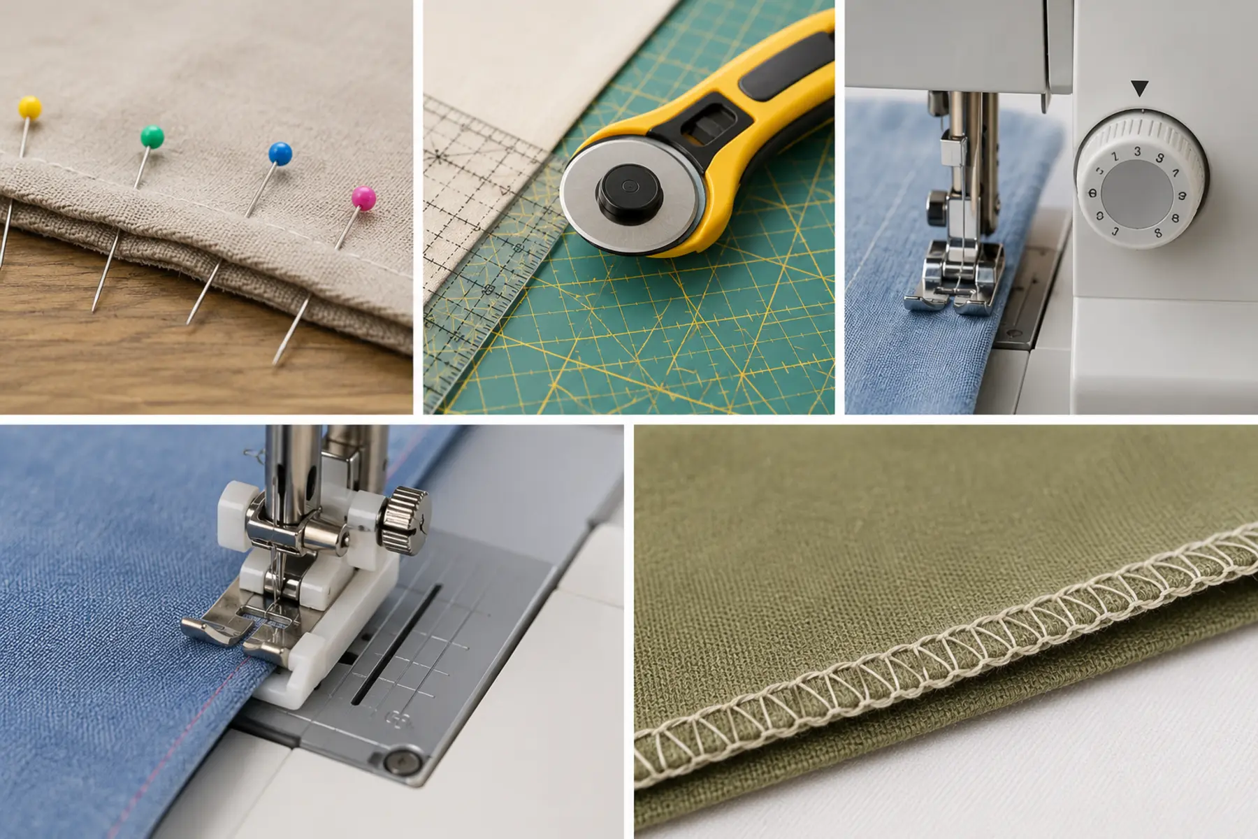 Essential sewing tools, cutting equipment and stitch techniques arranged in a practical collage