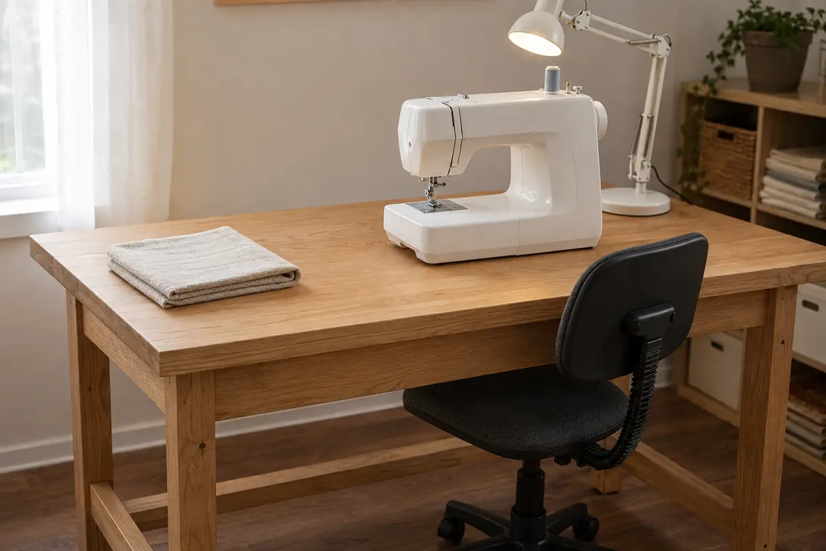 Stable and comfortable sewing workspace White sewing machine on a solid wooden table with an adjustable chair and task light
