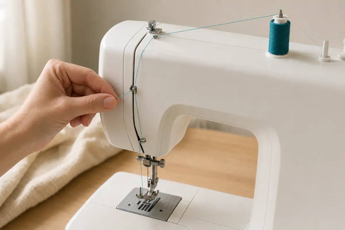 Threading the upper sewing machine path Hand guiding teal thread through the upper threading path of a sewing machine