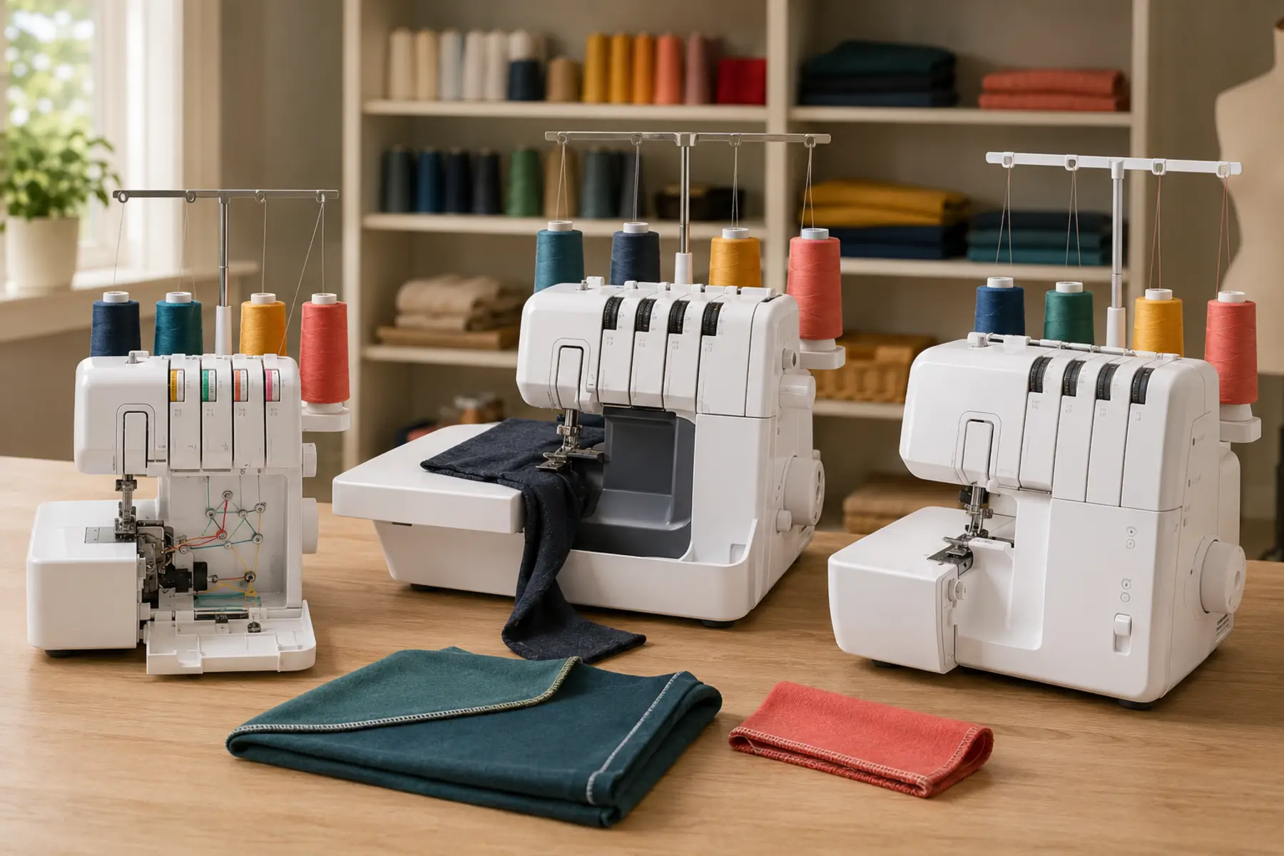 Brother serger range showing standard 1034D-style, heavier-project ST4031HD-style and air-threaded AIR1800-style machines