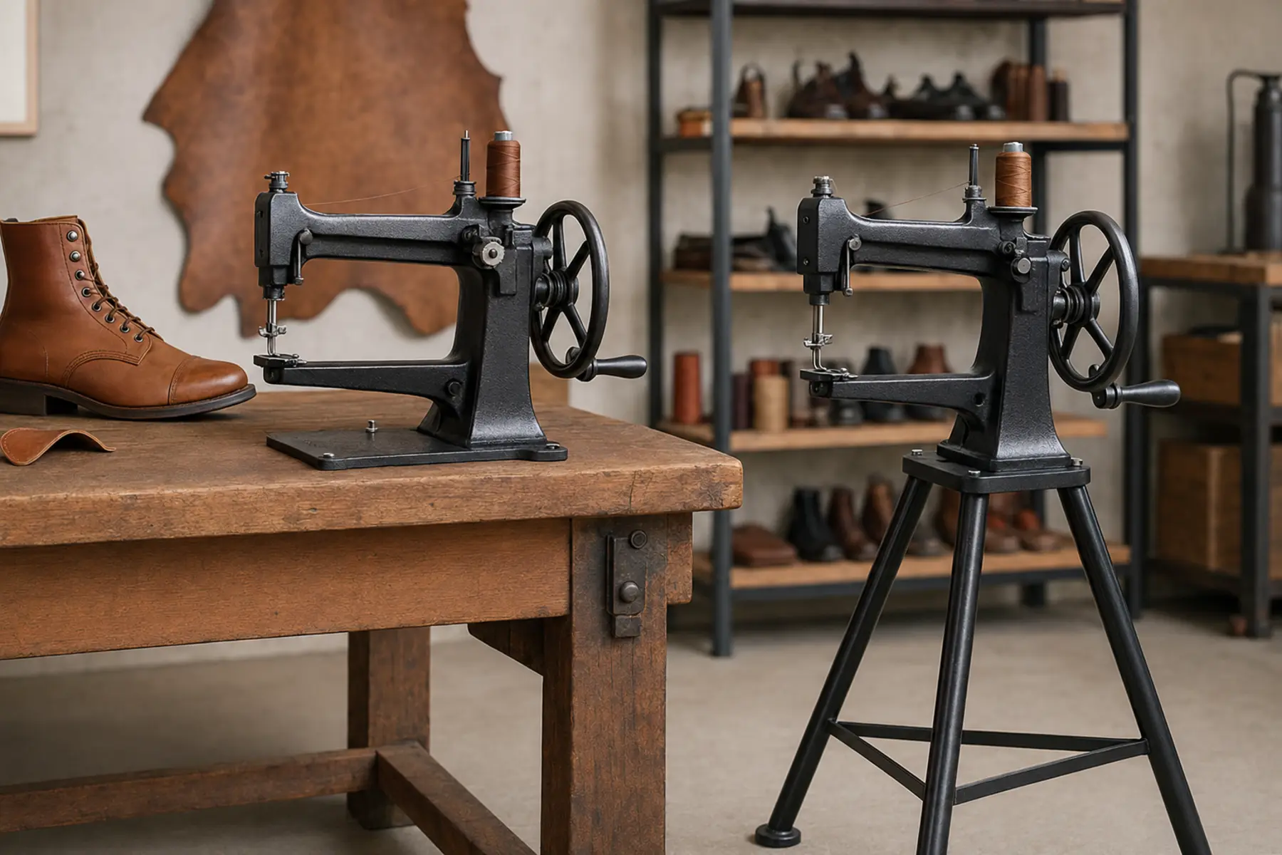 Two manual cobbler sewing machines compared with one bench-mounted patcher and one tripod-mounted patcher