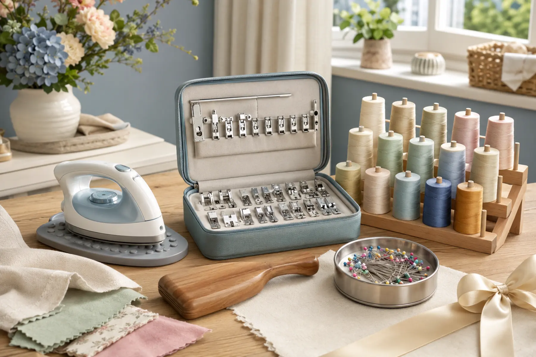 Unusual Sewing Gifts Useful sewing gifts including a project iron, tailor's clapper, presser-foot set, magnetic pin dish and multispool thread stand