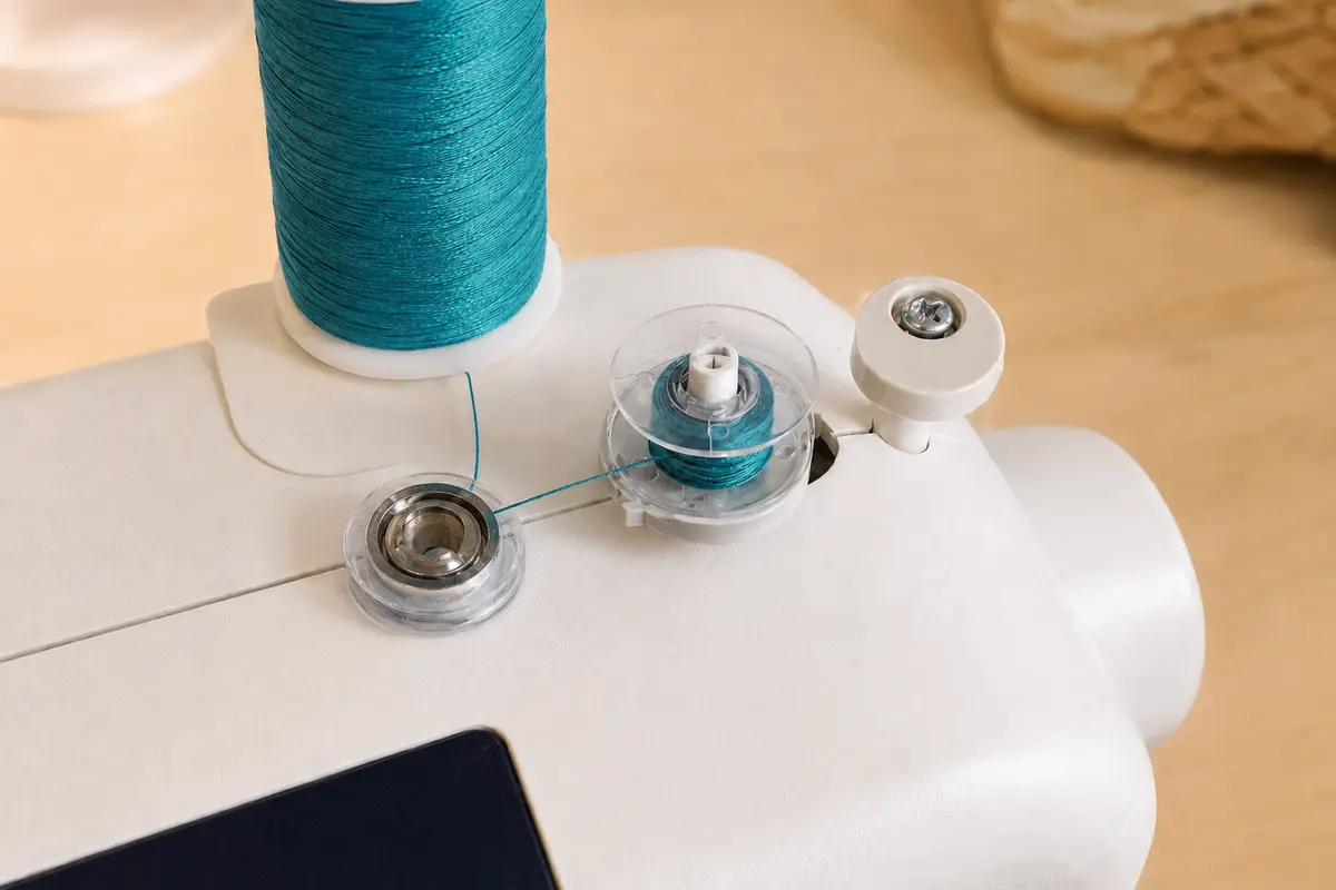 Winding a sewing machine bobbin evenly Teal thread routed from the spool around the bobbin-winding tension disc to a clear bobbin