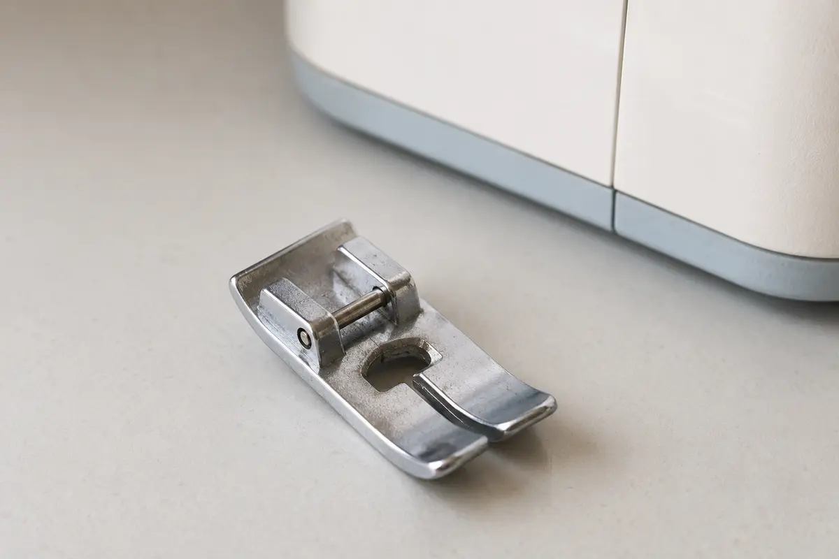 A lightly used silver all-purpose sewing machine presser foot on a pale worktable