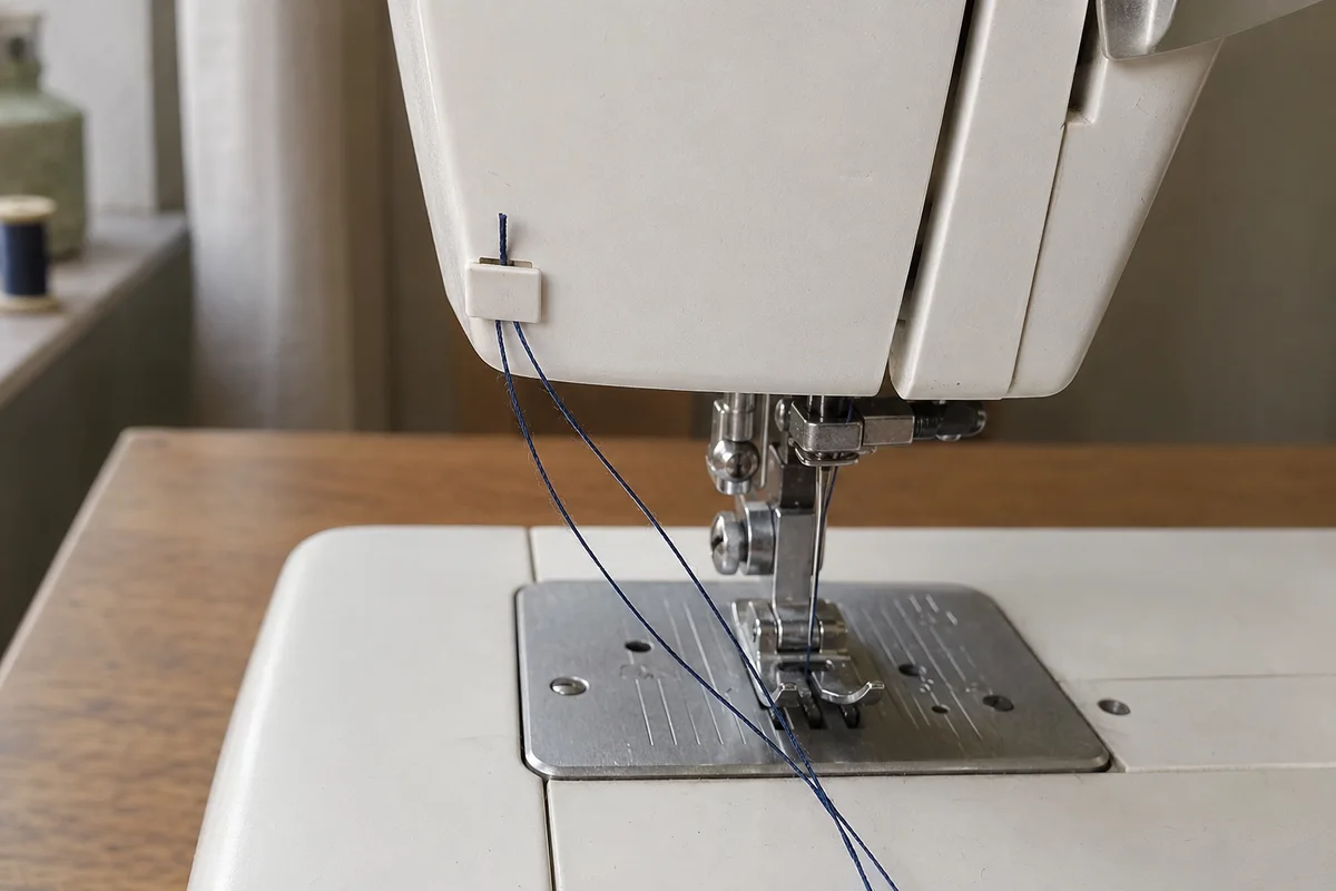 Navy thread tails drawn through a compact guarded sewing machine thread cutter