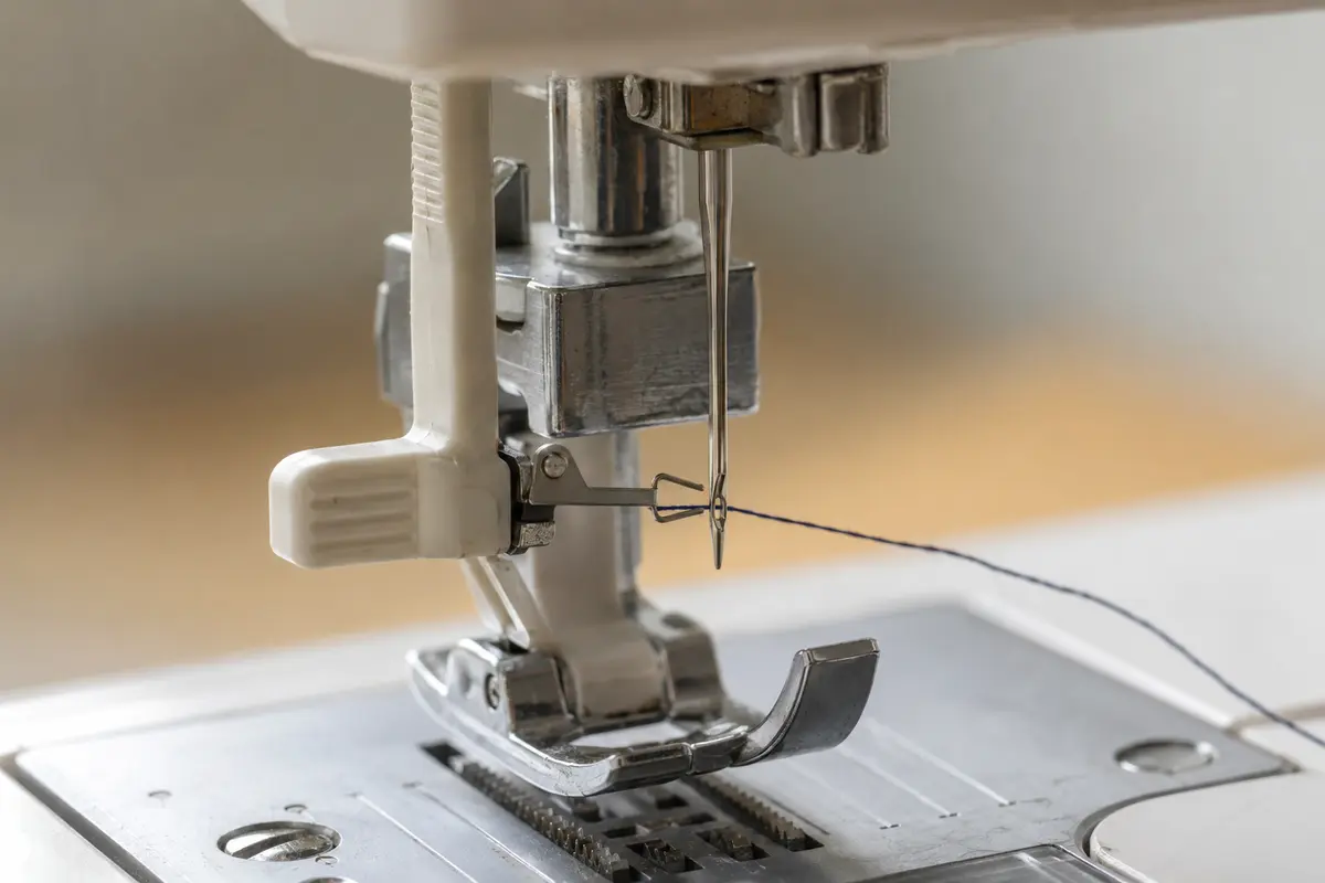 Built-in sewing machine needle threader lowered beside the needle