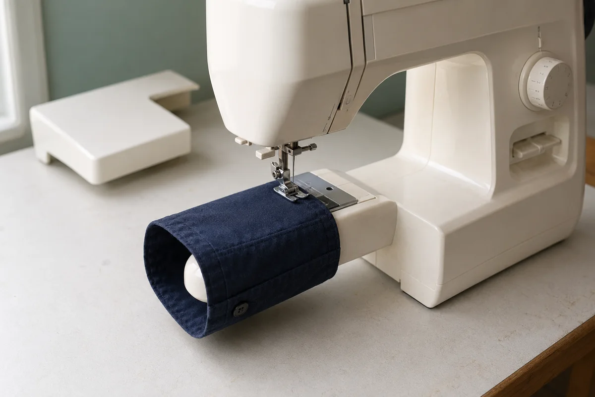 Navy shirt cuff fitted around an exposed domestic sewing machine free arm