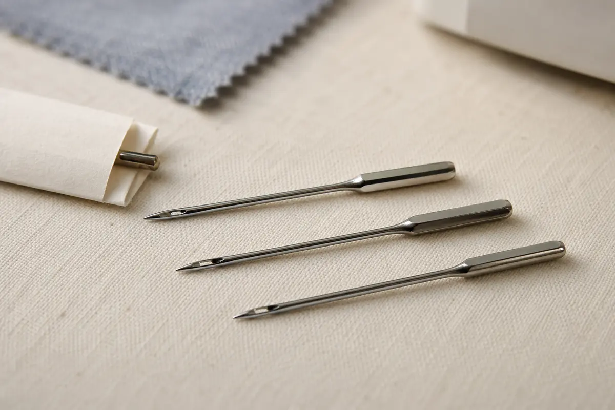 Three domestic sewing machine needles arranged on pale fabric