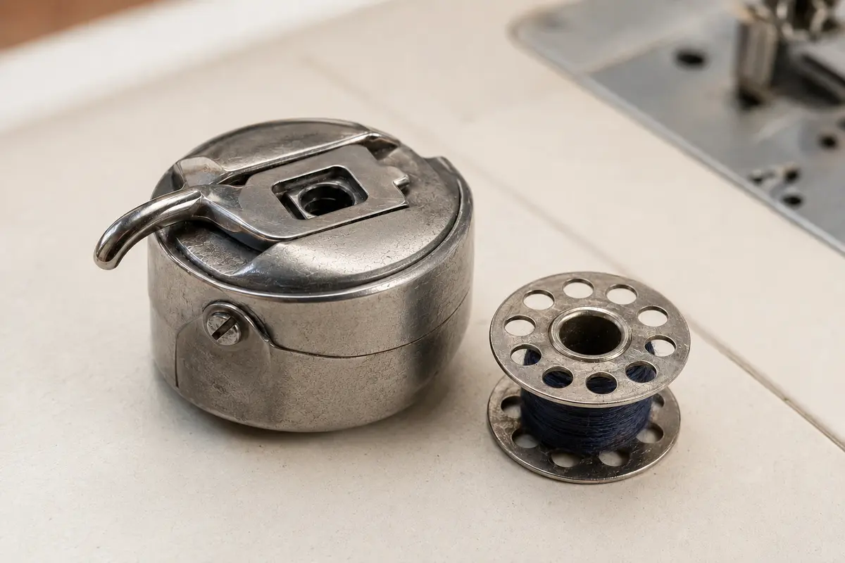 Metal front-loading sewing machine bobbin case beside an empty matching bobbin
