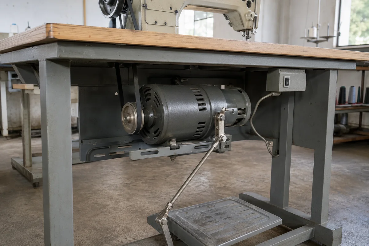 Traditional industrial sewing machine clutch motor mounted beneath a table with its pulley and drive belt visible