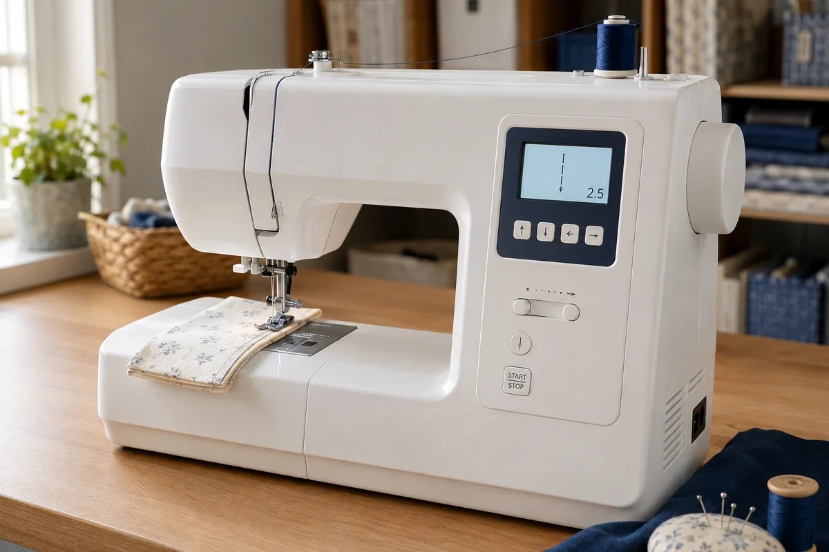 Modern white computerized sewing machine with an LCD stitch display