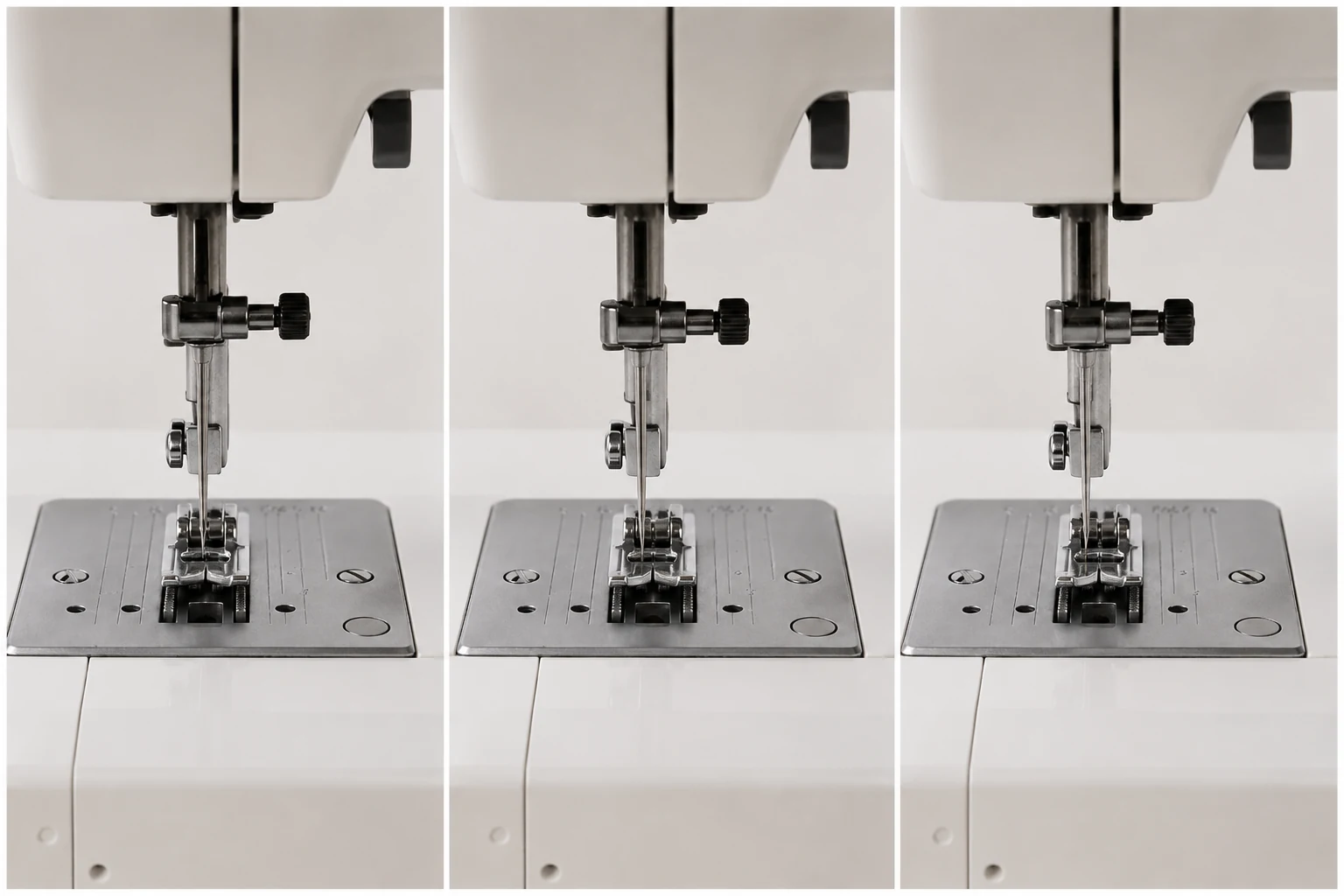 Three close-up views of a sewing machine needle aligned at left, center and right positions