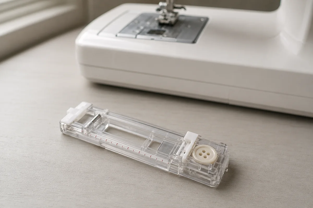 Clear plastic one-step sewing machine buttonhole foot with a rear button gauge