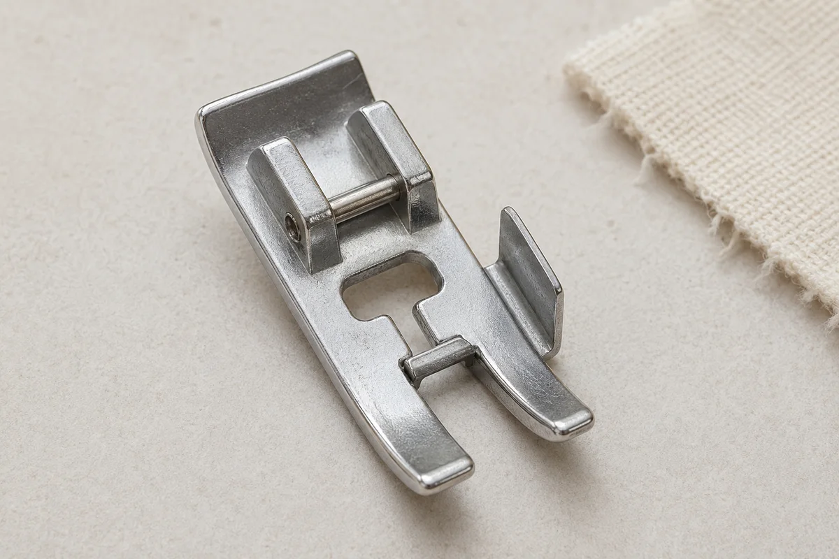 Silver overcasting presser foot with a central support bar and edge guide
