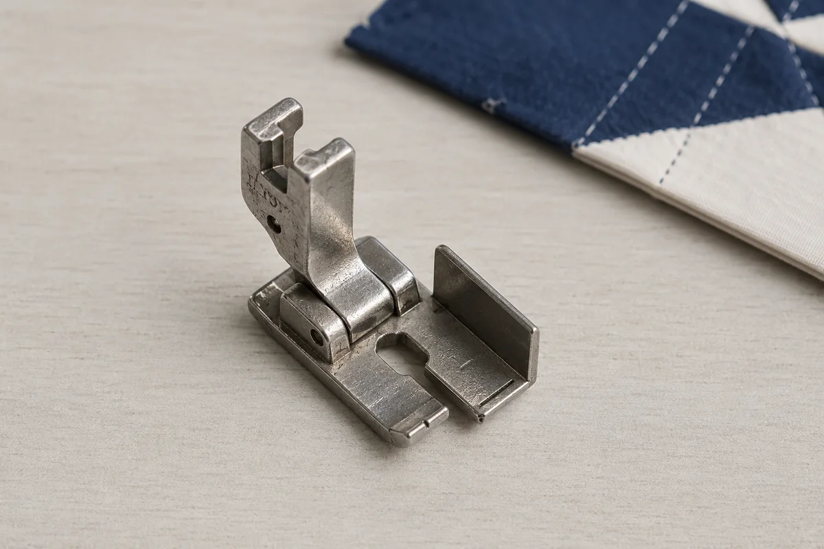 Silver quarter-inch quilting foot with a vertical fabric-edge guide