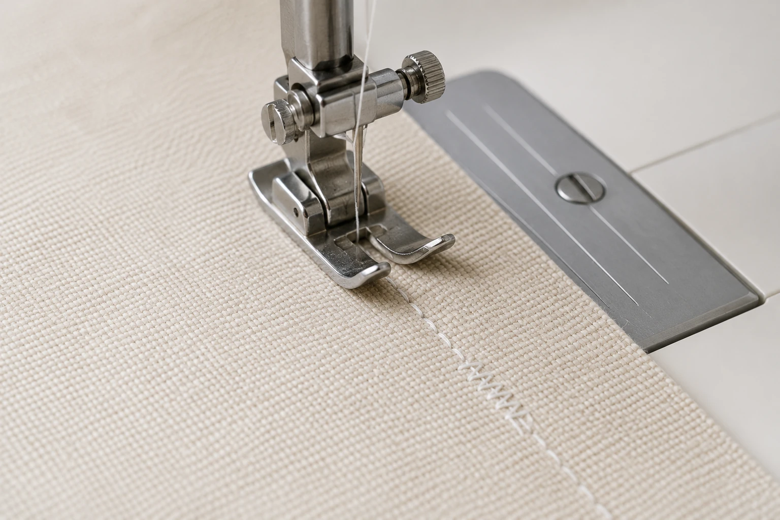 Reinforced reverse stitches overlapping at the end of a straight seam on cream fabric