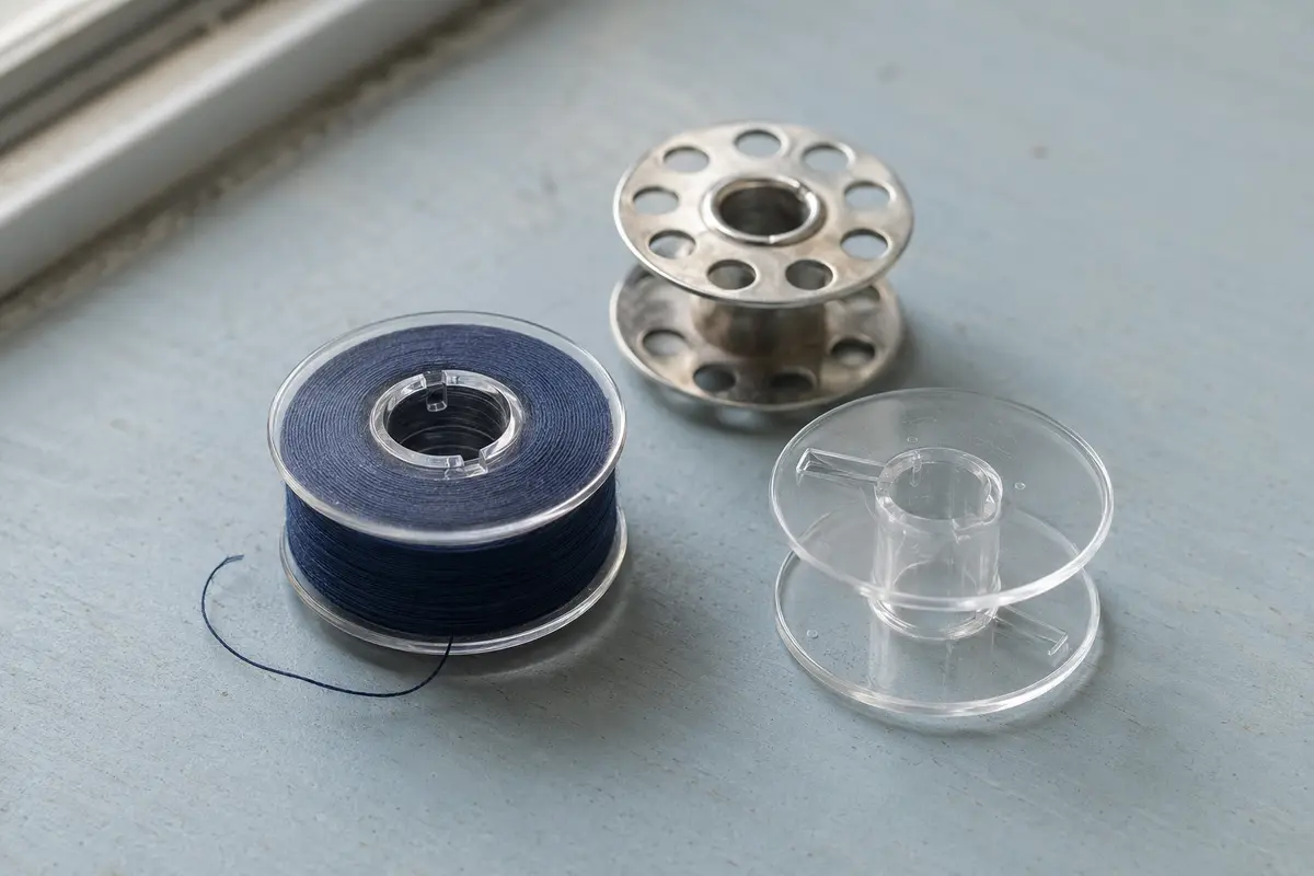 A navy-thread wound transparent sewing machine bobbin beside an empty plastic bobbin and a silver metal bobbin on a pale worktable