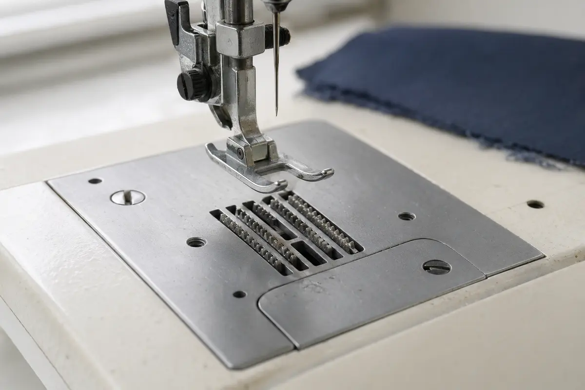 Metal sewing machine feed dogs visible through the needle plate beneath a raised presser foot