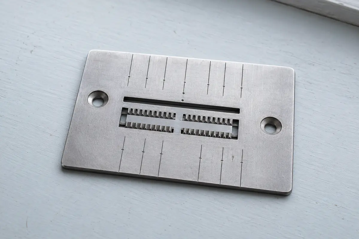 Metal sewing machine needle plate with etched seam guides and feed dog openings