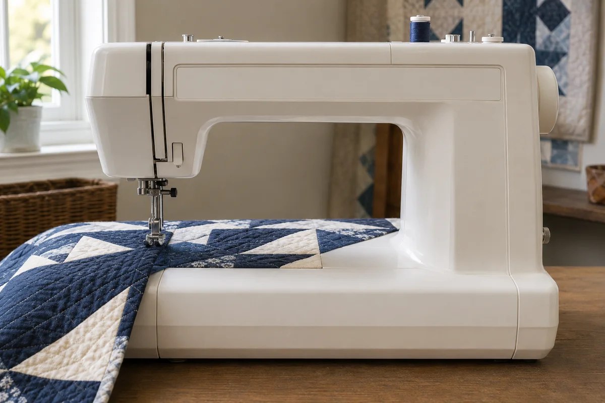Quilt passing through the open throat space of a domestic sewing machine