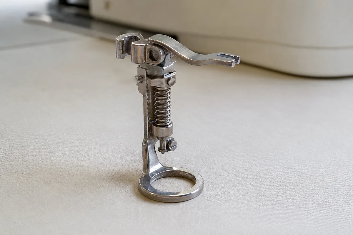 Silver spring-loaded darning foot with a circular open toe