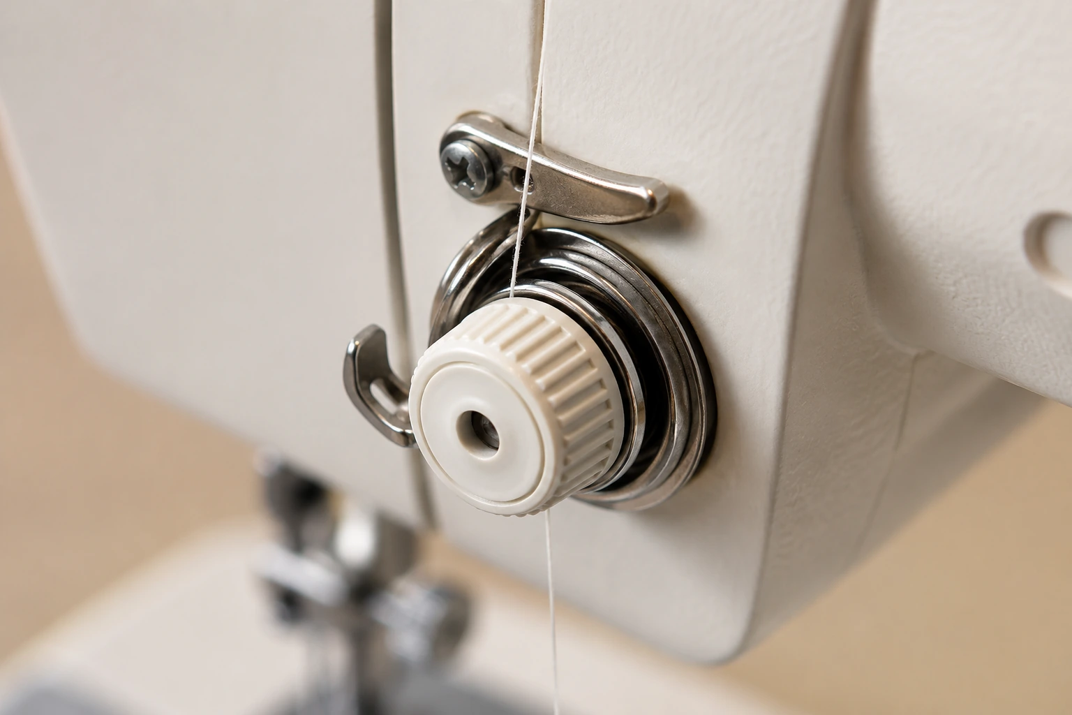 Close-up of a sewing machine upper-thread tension assembly and adjustment dial