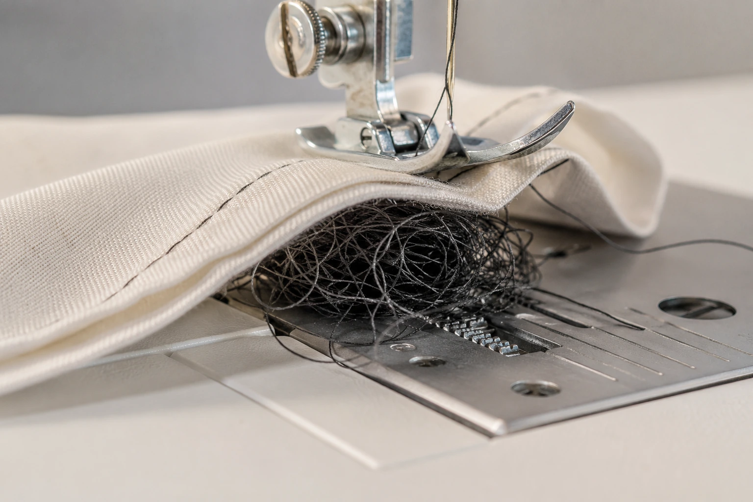 Tangled black thread collecting beneath fabric around a sewing machine needle plate