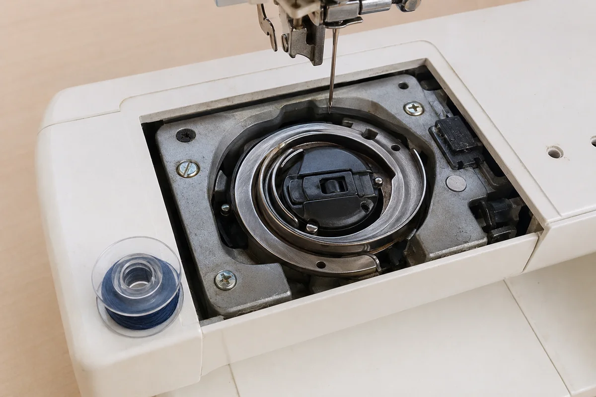 Exposed top-loading rotary hook race and drop-in bobbin case
