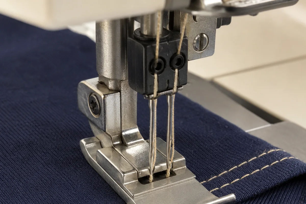 Two needles forming parallel cream coverstitch rows on a folded navy knit hem