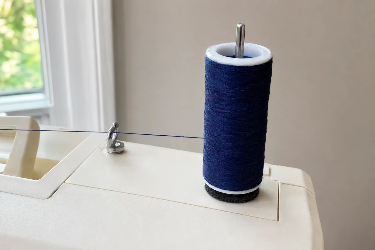 Navy thread spool supported on a vertical sewing machine spool pin