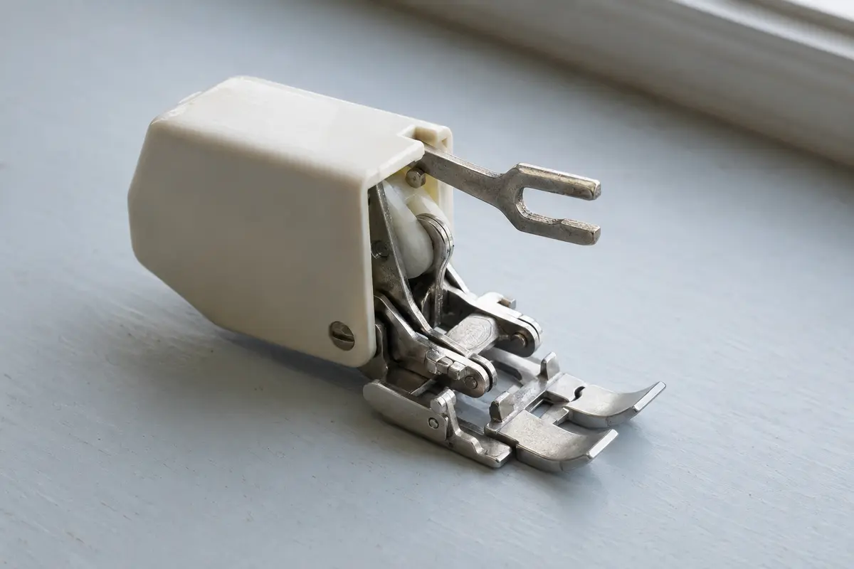 A lightly used silver and off-white sewing machine walking foot attachment with its forked operating arm and upper-feed mechanism visible
