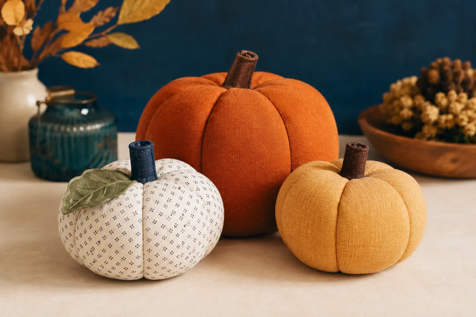 Three handmade stuffed fabric pumpkins in orange, cream, and gold cotton