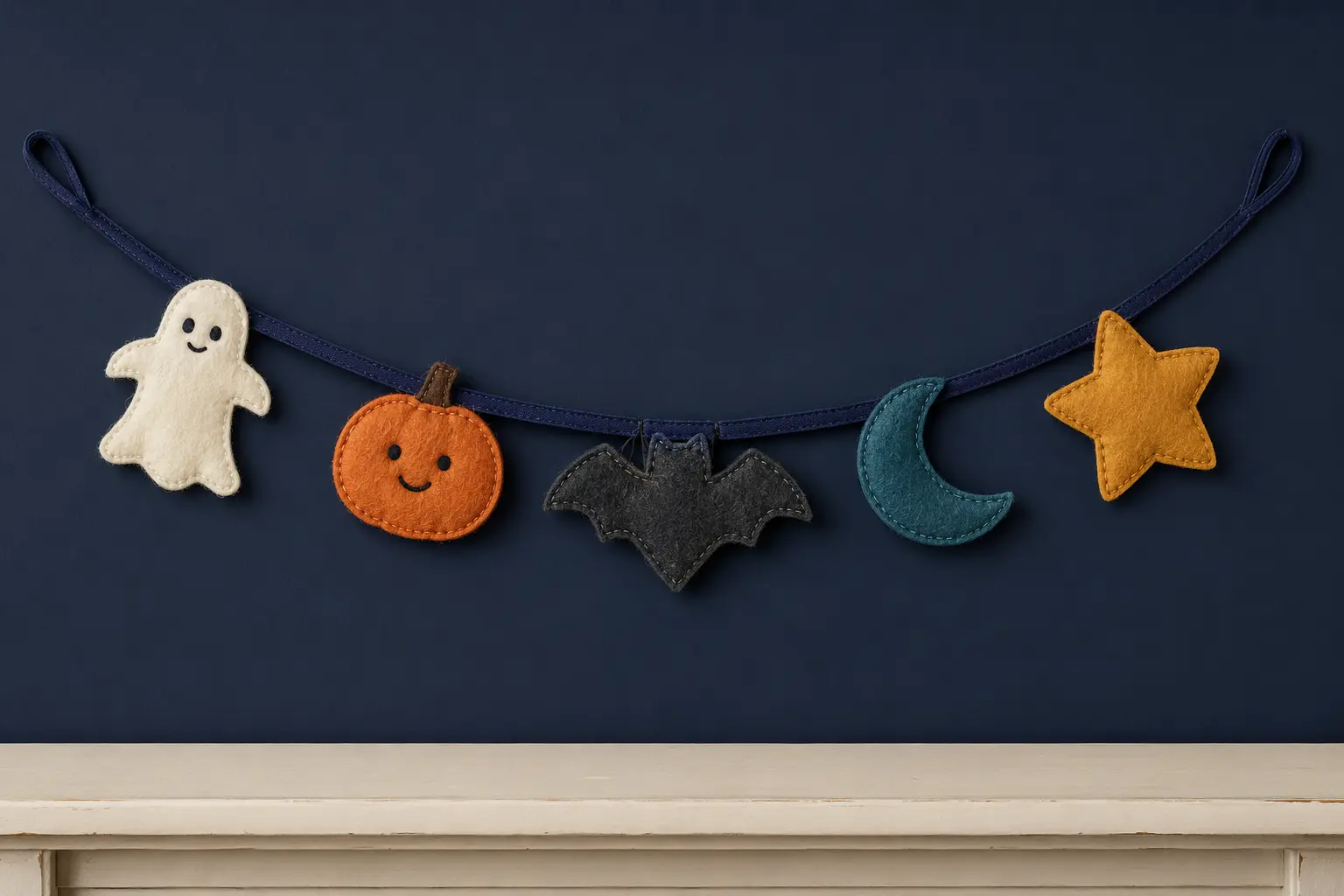 Handmade felt Halloween garland with ghost, pumpkin, bat, moon, and star shapes