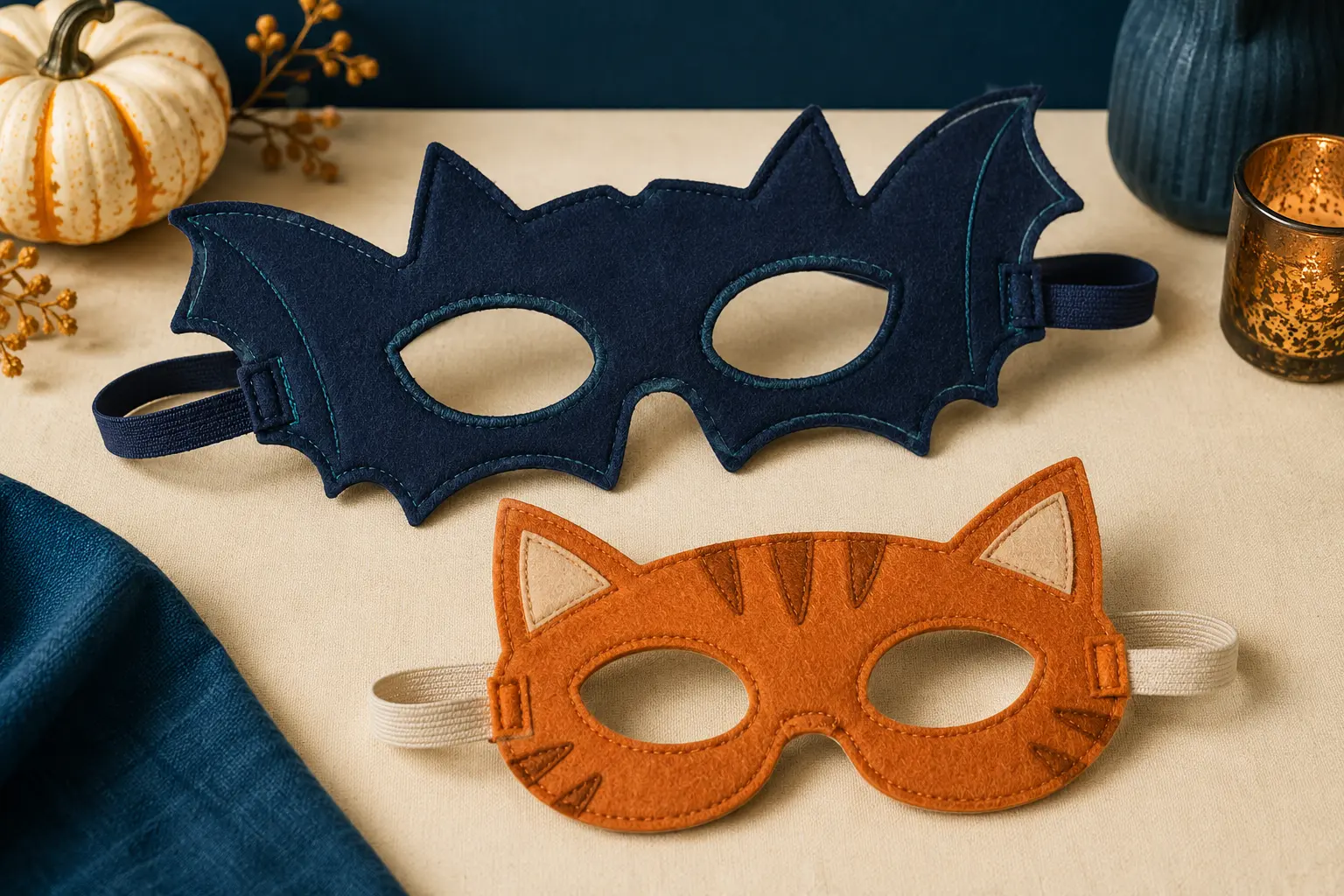 Two handmade stitched felt Halloween eye masks in navy bat and orange cat shapes
