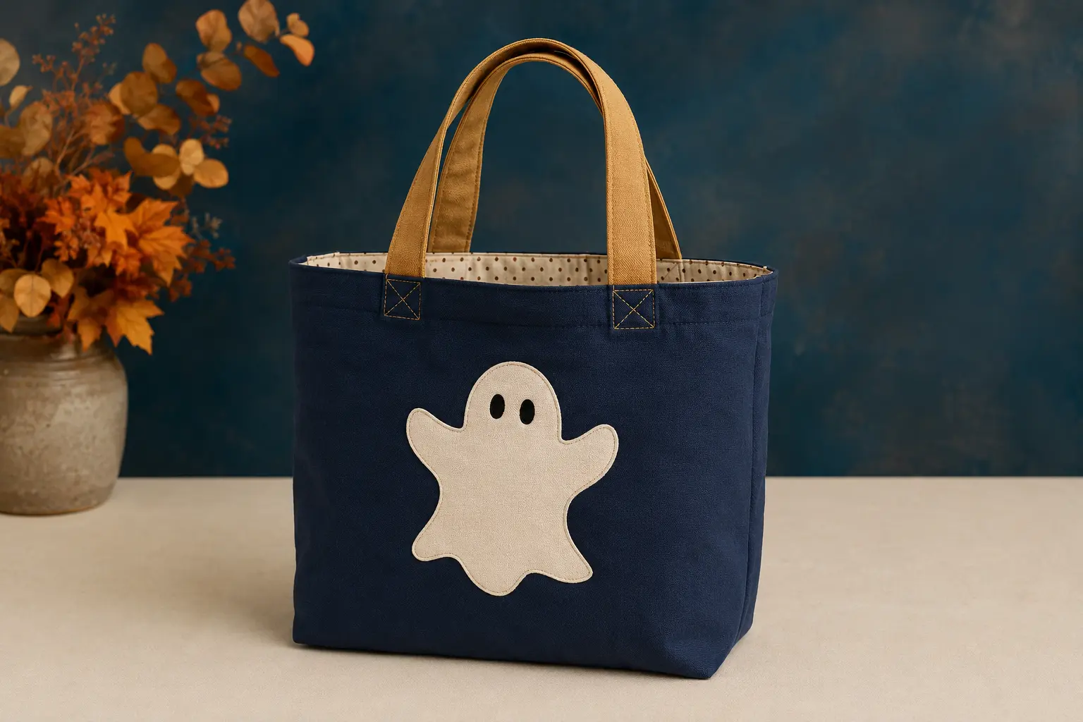 Handmade navy trick-or-treat bag with gold handles and a cream ghost appliqué
