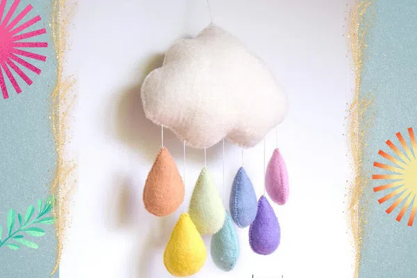 stuffed felt cloud with rainbow rain